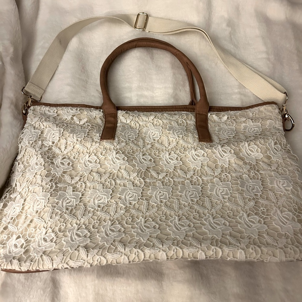 Merona Lace Cream White Zip Tote Bag Detachable Strap 22"X12”